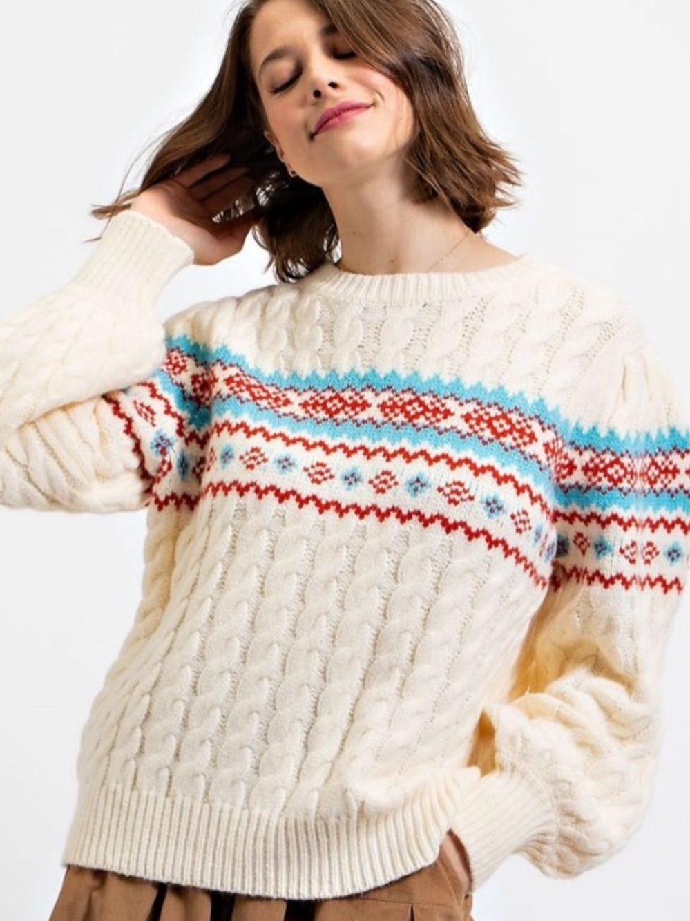 easel Cream Cable Knit Crew Sweater with Red & Turquoise Fair Isle